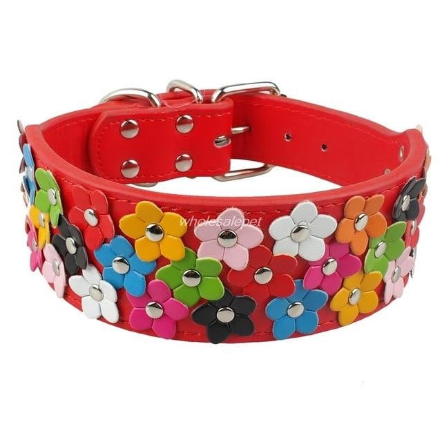 Flower Studded Leather Dog Collar