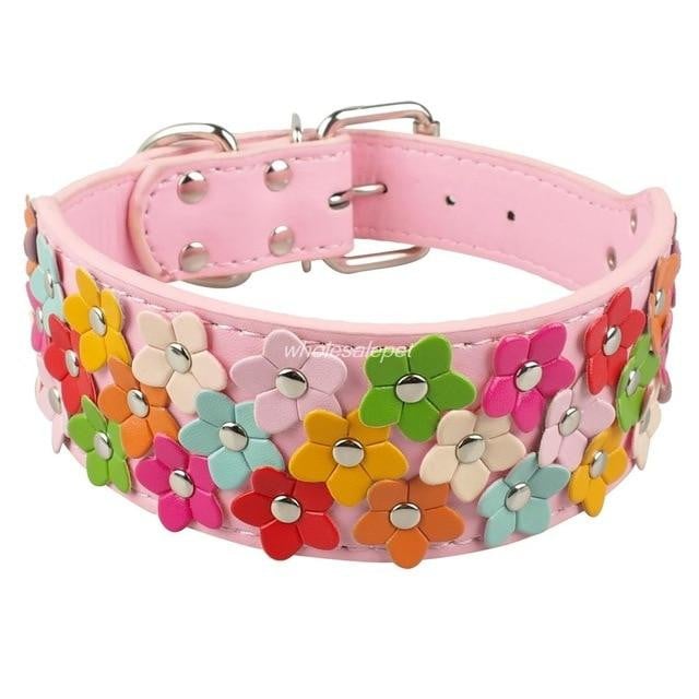 Flower Studded Leather Dog Collar
