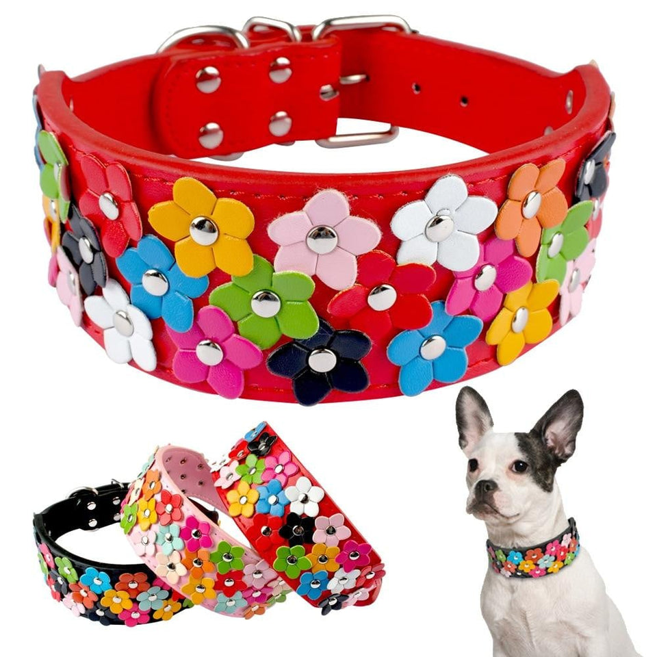 Flower Studded Leather Dog Collar